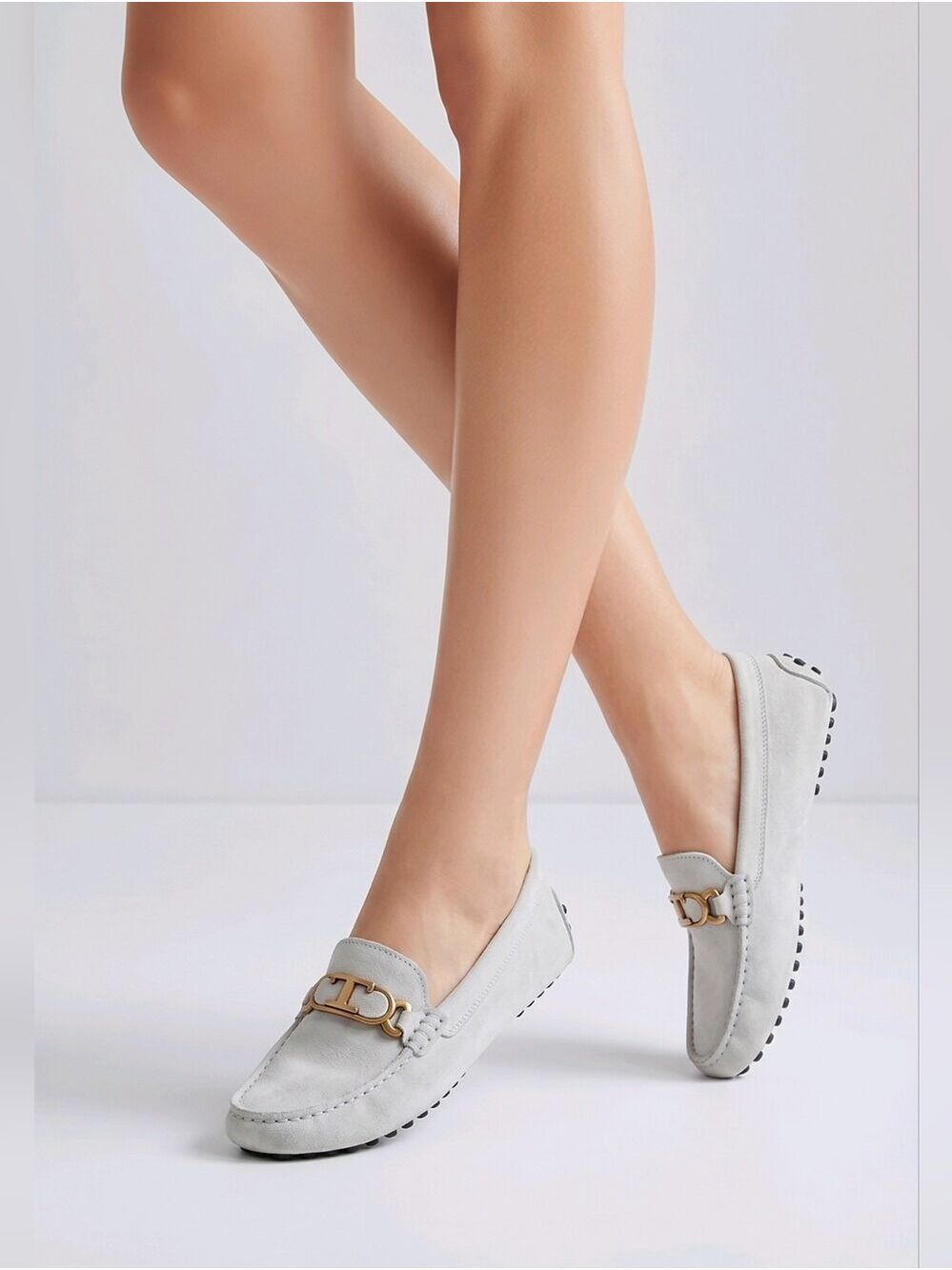 TOD'S Catenina Gommini Light Gray Women Loafers with Gold Accent
